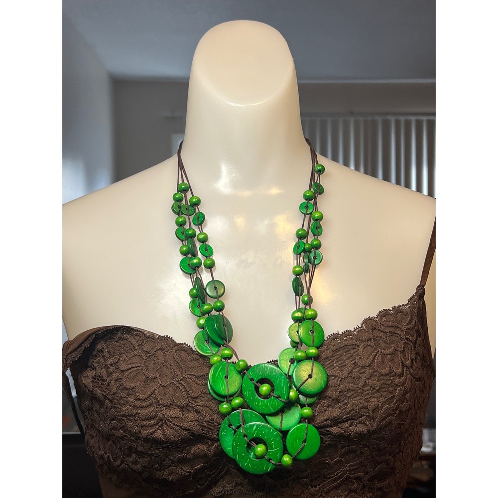 Statement Green Wood Bead Necklace Chunky Bohemian Bib Necklace